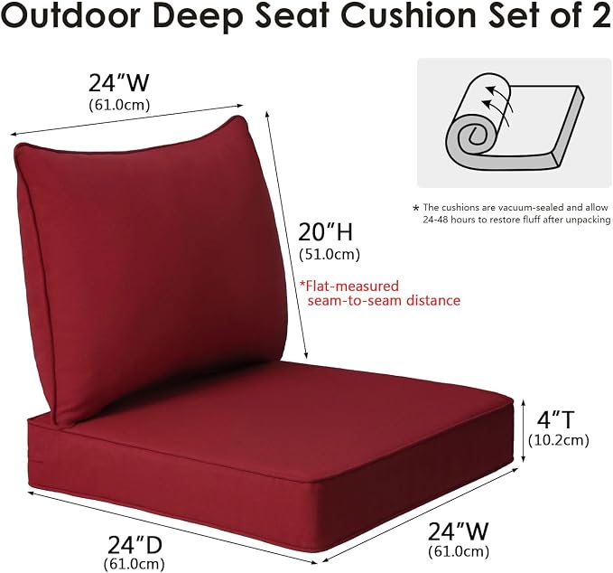 Unimatta Outdoor Patio Chair Cushions Set, 24" x 24", Set of 2, Water-Repellent, Fade Resistant, Deep Seat Bottom and Back Cushion for Backyard, Couch, Sofa and Patio Furniture, Red