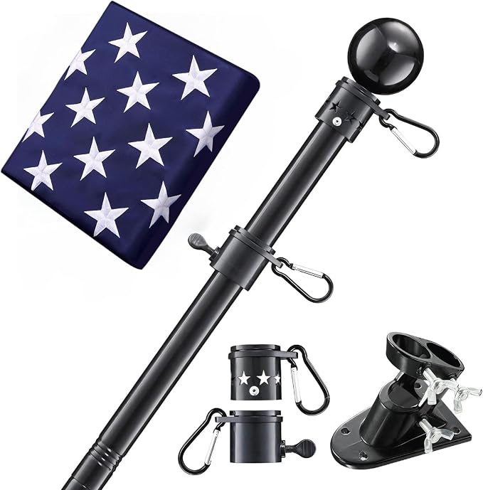 House Flag Pole With American Flag - Flagpoles Residential Kit with 6ft Tangle Free Metal Flag Pole,3x5 Embroidered US Flag,Holder Bracket,Heavy Duty Flag Poles for Outside House,Porch,Outdoor-Black