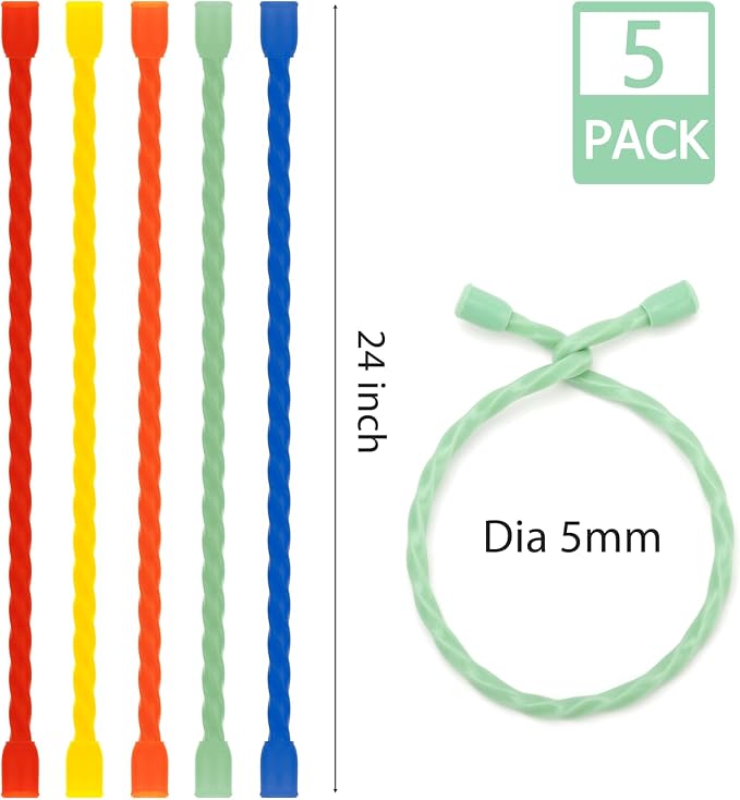 5 PCS 24-Inch Silicone Cable Ties - Reusable Twist Ties Bendable Steel-Core Rubber Cable Ties for Bundling and Holding, All Purpose Cord Tie for Indoor and Outdoor (5 Colors)