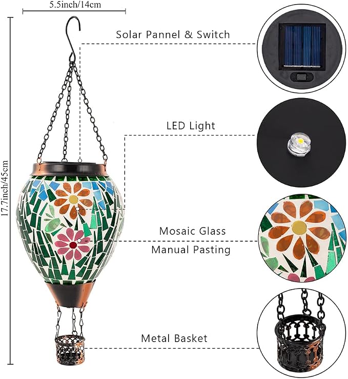 Hot Air Balloon Solar Lantern for Garden, Yard, Patio Decor | Handmade Glass, Hanging Outdoor Lanterns Waterproof, Decorative Solar Light