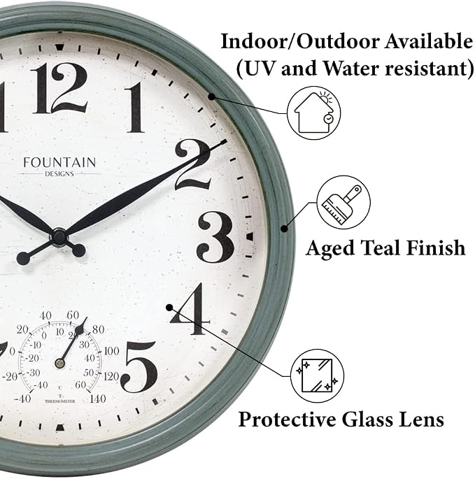 Maison in/Outdoor Clock with Thermometer, 2 in One Weather Station (Weather Thermometer/Wall Decoration) (Aged Teal, 13 inch)