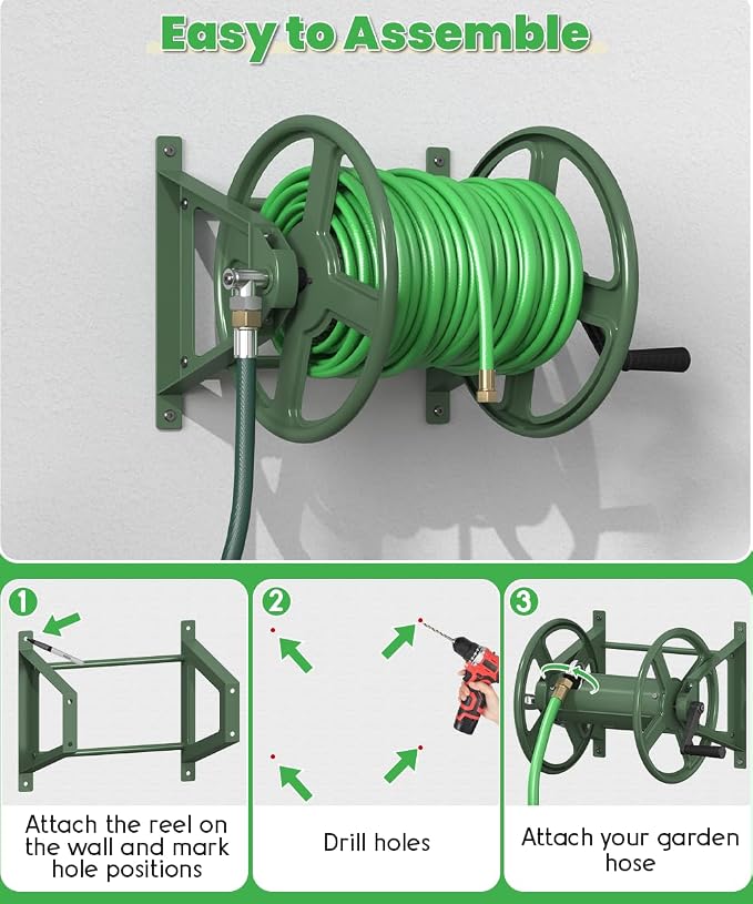 Garden Hose Reel Wall Mounted, Heavy-Duty Water Hose Holder Winder with 3.9 ft Leader Hose & Brass Fitting, Hose Hanger Storage Rack Holds 125-Feet of, 5/8-Inch, for Yard Lawn Farm, Green