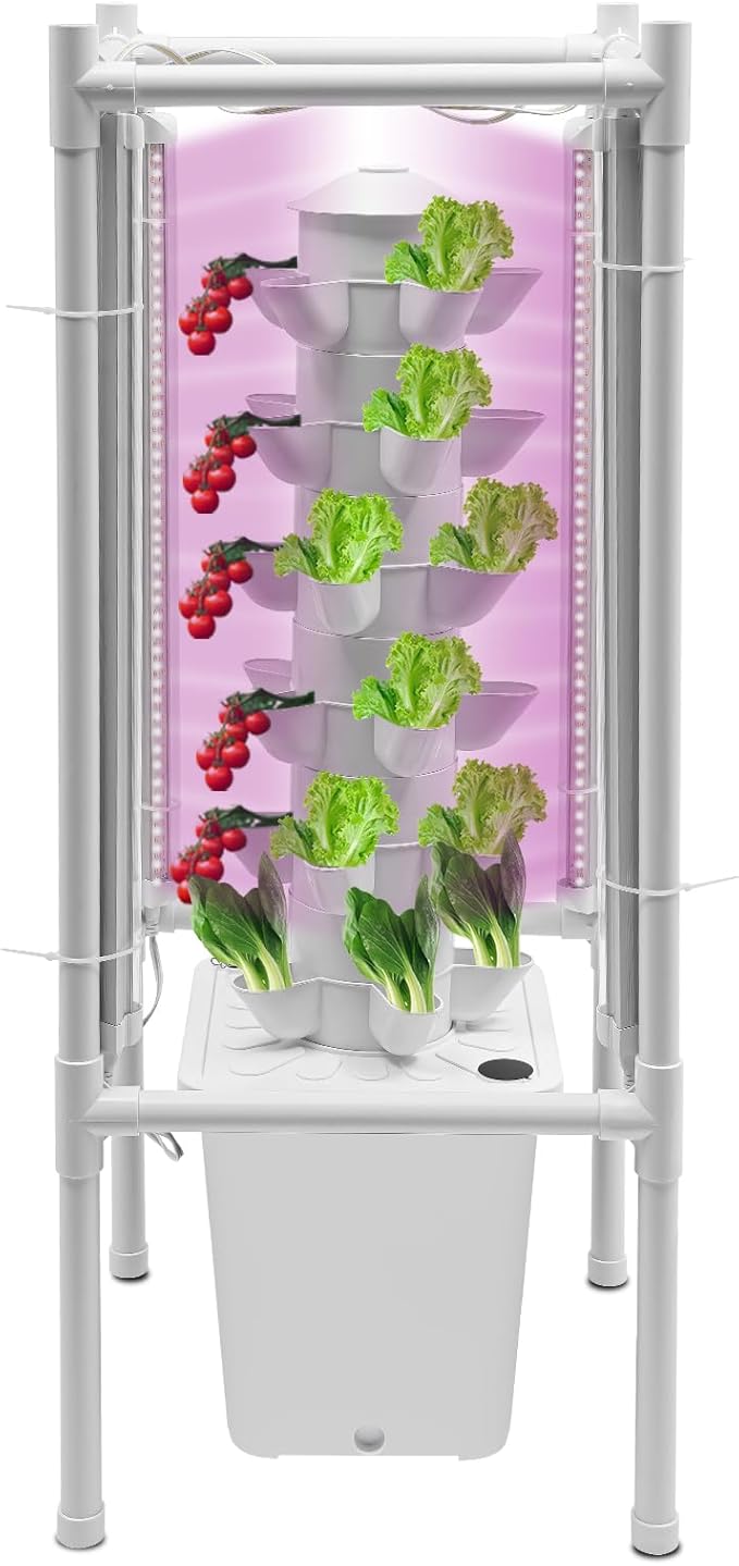 Hydroponic Tower Growing System Kits with LED Grow Lights 30 Pods Indoor Vertical Planter Germination Kit 6 Layers Hydroponic Tower for Fruits, Vegetables, Herbs, and Miniature Greens (White)