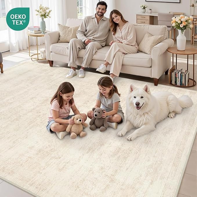 3x5 Area Rugs Living Room: Bedroom Washable Carpet Retro Beige | Large Vintage Boho Indoor Decor Neutral Soft Nursery Farmhouse Dining Room Office Floor Non-Slip Low Pile Under Table Rug