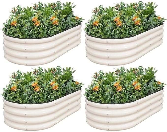 Galvanized Raised Garden Bed- Planter Garden Boxes Outdoor, Raised Beds for Gardening, 4x2x1ft Metal Garden Bed Kit for Vegetables Flower, Planter Raised Bed with Protective Tape & Tools.White-4pack