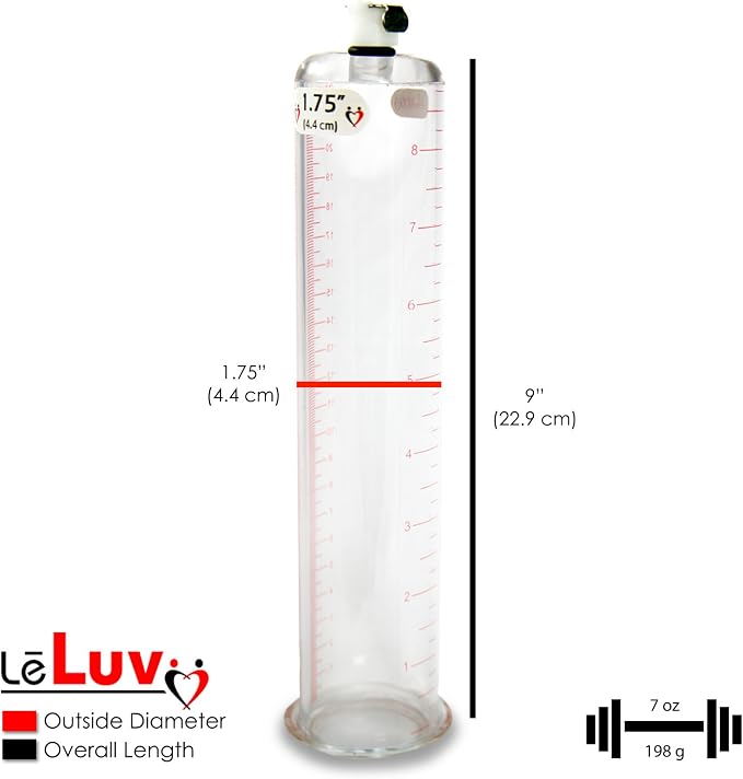 LeLuv Vibrating Penis Pump Maxi Red Handle + Protected Gauge and Clear Hose - 9 inch Length x 1.75 inch Diameter Cylinder