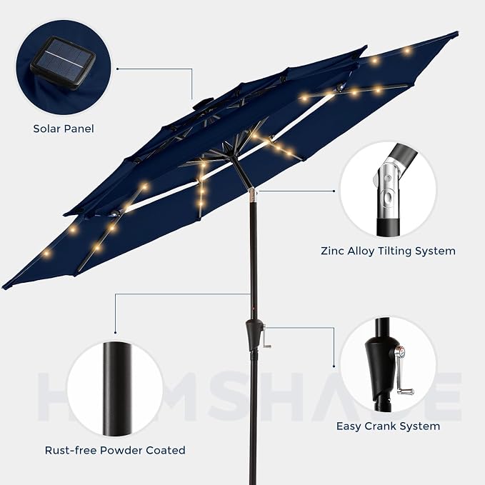 HOMSHADE 3-Tier Patio Umbrella with Solar Lights(Navy Blue,No Base) | 5-Year Fade Resistant;32 LED Lights;Windproof;8 Thicker Ribs;UPF50+;Pool Garden Deck