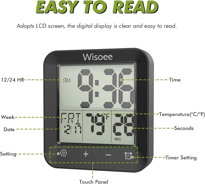 Waterproof Shower Clock Bathroom Timer, Digital Wall Clock | with Countdown, Temperature Display, Calendar, Suction Cup for Kitchen Spas, Cooking and Baths, Battery Operated