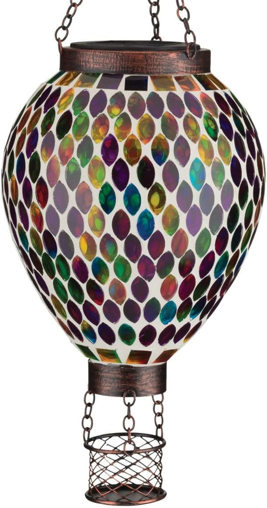 Regal Art & Gift Hot Air Balloon Solar Lantern – Hanging Solar-Powered LED Lights, Waterproof Portable Decorative Outdoor Lamp Made of Metal & Glass for Garden, Patios & Pathway - Mosaic Multi