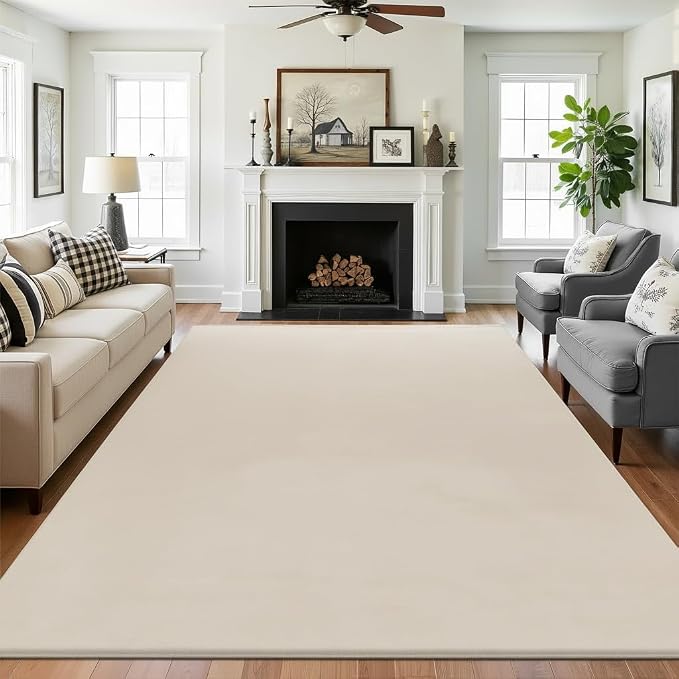 SHACOS Ultra Soft 6x9 Faux Rabbit Fur Rug for Living Room, Non Slip Washable Dense Pile Area Rugs, Fluffy Cozy Indoor Floor Mat Modern Carpet for Bedroom Dining Room Kids Room Dorm, Beige