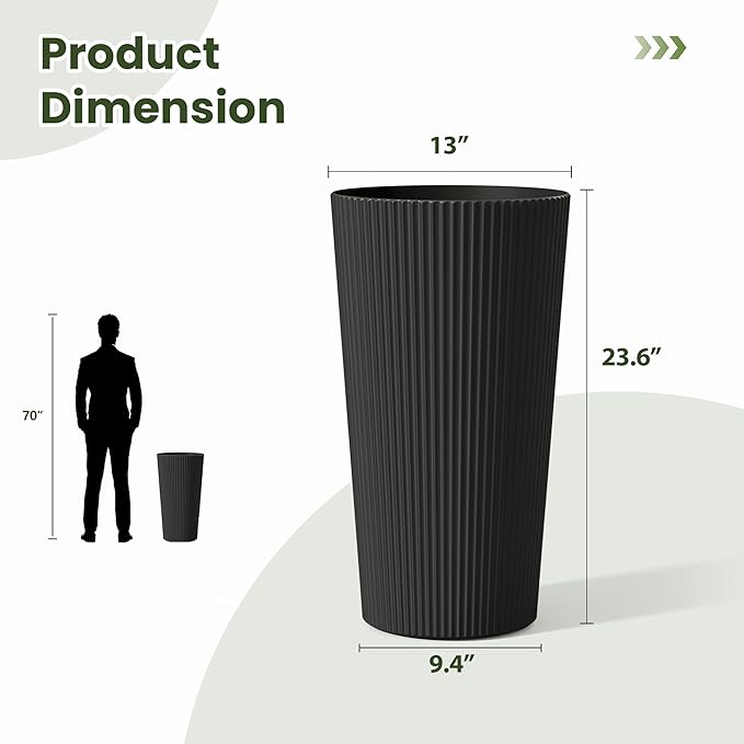 23.6" H Tall Planters for Outdoor Plants Set of 2 - Fluted Large Outdoor Planters for Front Porch Decor with Drainage Hole, Plastic Round Conical Flower Pots Fits Indoor Plants Patio, Black