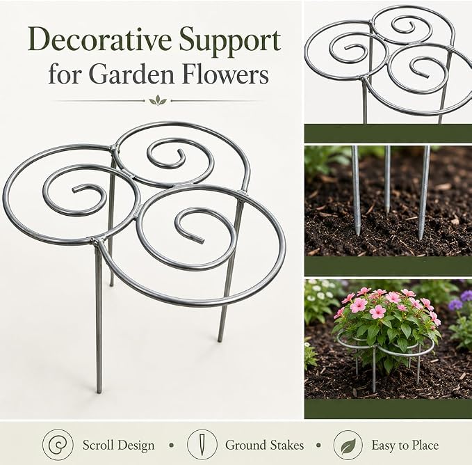 Peony Cages and Supports Support Rings Metal Garden Plant Support Cage Decorative Grow Through Flower Hoops for Peonies Dahlias Roses Hydrangeas Outdoor Plants (Silver,M - 1pcs)