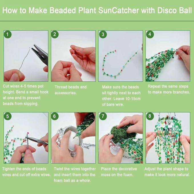 Green Glass Beaded Plant Kit Boho Crystal Suncatcher with Disco Ball Planter DIY Lily of the Valley Premium Glass Flower & Leaf Beads Craft Set for Adults Everlasting Botanical Window Decor Gift