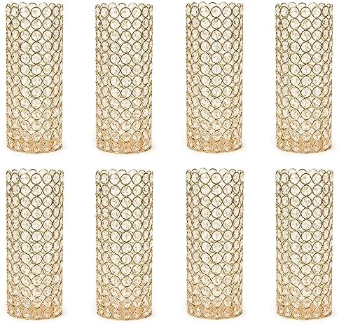LoveCat Gold Crystal Candle Holders - Hollow Bling Crystal Vases, 10.4" Tall Cylinder Vases for Centerpieces, Elegant Metal Hurricane Candlestick Holders for Event Party Wedding Home Decor (8pcs) by Lovecat