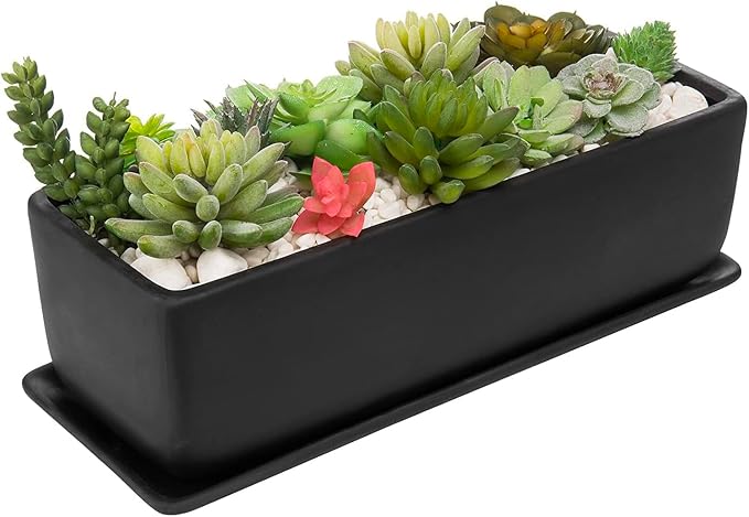 MyGift 14 Inch Ceramic Indoor Plant Pot, Rectangular Succulent Planter, Decorative Flower Planter with Drainage Hole and Removable Tray, Matte Black