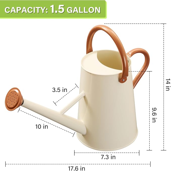 Watering Can for Outdoor&Indoor Plants，1.5 Gallon（5.7L） Metal Watering Can with with Removable Spout，Large Galvanized Steel Garden Flower Water Can Watering Pot with 2 Handles,Cream White