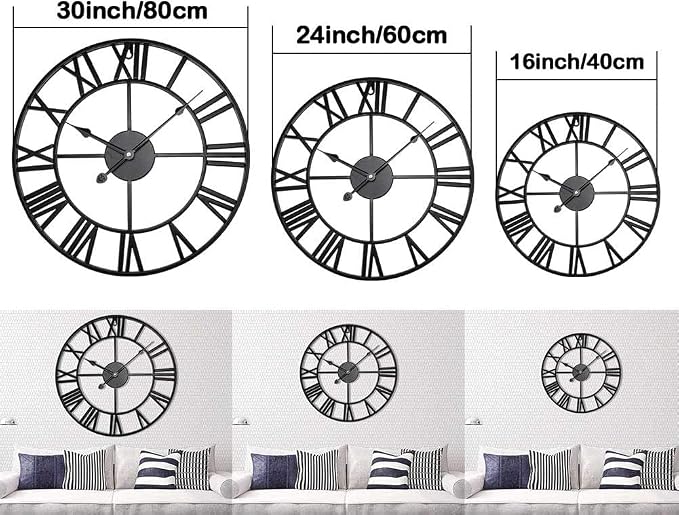 Antique Tower 30 inch Large Roman Numeral Wall Clock, Indoor Outdoor Patio Waterproof Oversized Decorative Contemporary Clock, Antique Black Metal Wall Clock Battery Operated Retro Art Hanging Clock,3