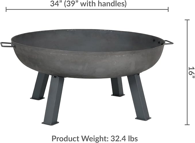 Sunnydaze Cast Iron Heavy Duty Fire Pit for Outside - Wood Burning Outdoor Fire Pit Bowl with Handles for Patio, Backyard, Camping - 34" - Gray