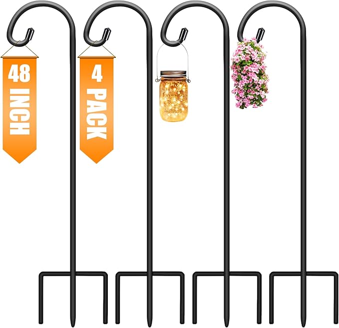 Gtongoko 48 Inch Shepherd Hooks for Outdoor 4 Pack, Adjustable Garden Hooks for Hanging Plants, Lanterns, Solar Lights, Mason Jars & Wedding Decor, Matte Black Decorative Shepherd’s Hooks