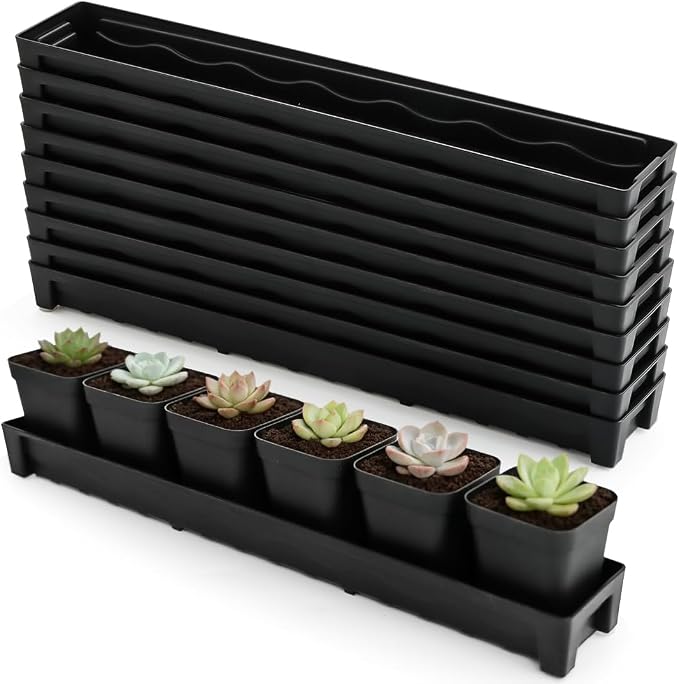 RooTrimmer 10 Pack Plastic Windowsill Saucer with 2.8 inch (7CM) Square Nursery Pots 60pcs, Rectangular Window Sill Plant Pot Trays with Removable Drainage Hole, Thick Plant Saucer Tray (Black)
