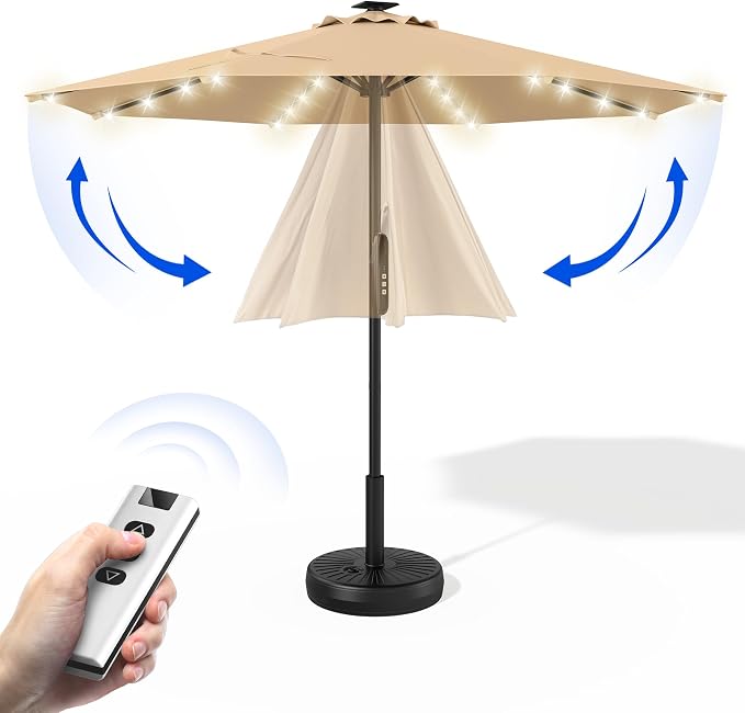 HOMSHADE 9FT Motorized Patio Umbrella with Remote Control & Solar Lights, Outdoor Table Umbrella with One-Button Switch for Deck, Backyard, Pool(Buff)
