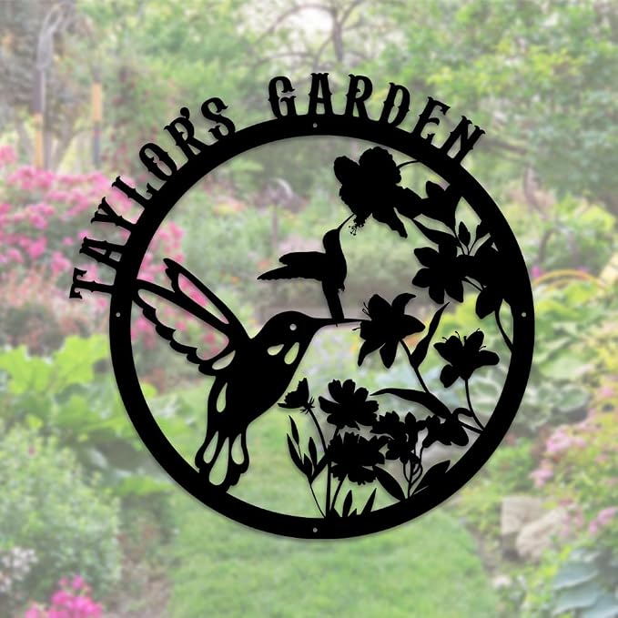 MeMate Hummingbird Garden Sign, Personalized Metal Signs, Garden Sign to Personalize, Large Sign for Vegetable Garden She Shed, Customized Name Wall Art for Outdoor Decor, Plaque for Mom Grandma