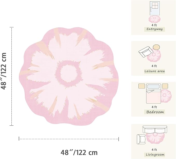 Latte&Fog 4ft Pink Round Area Rug for Girl Bedroom Washable Cute Circle Rug | Non Slip Low Pile Soft Floral Small Carpet for Kids Playroom Nursery Classroom Dorm Decor Dining Kitchen Farmhouse Office