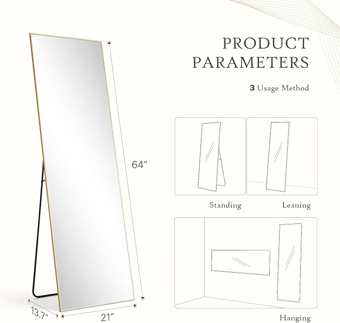 Full Length Floor Mirror, 21"x64" Body Wall Mirror with Stand | Shatter-Proof Nano Glass, Tall Standing, Hanging or Leaning, Aluminum Alloy Frame for Bedroom, Modern Home Decor, Gold
