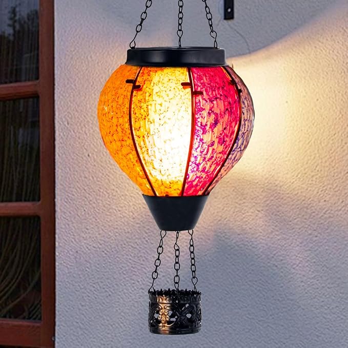 Solar Hot Air Balloon Outdoor Lantern with Flickering Flame, Handmade Glass Hanging Outdoor Lantern Waterproof Decorative Lantern Lamp for Patio, Garden, Porch (Colorful) | Handmade Glass, Waterproof, Decorative Lantern Lamp, for Patio, Garden, Porch, ...