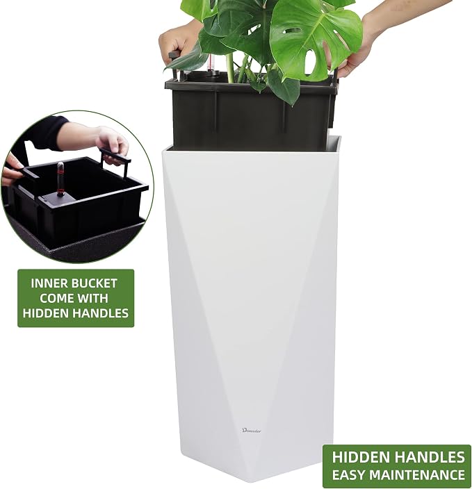 Dexceder 20 Inches Self Watering Tall Planter (White) | Diamond High Gloss, Thickened Rhombus Large Floor Standing Flower Plant Pot with Water Level Indicator Indoor Outdoor