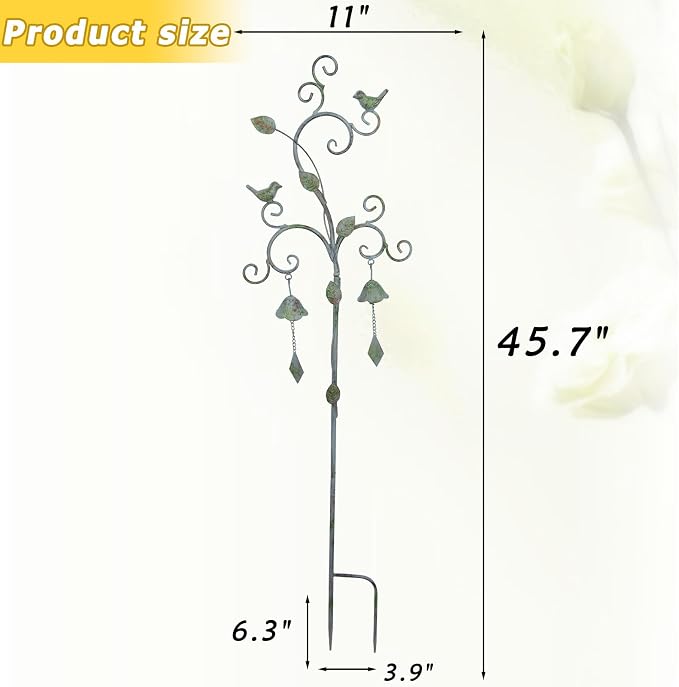 Decorative Garden Stakes for Outside,Metal Outdoor Garden Decor with Bells | 45.7"H Wind Chime Stakes for Outside,Bird Metal Garden Art for Garden,Flower Beds, Patio.
