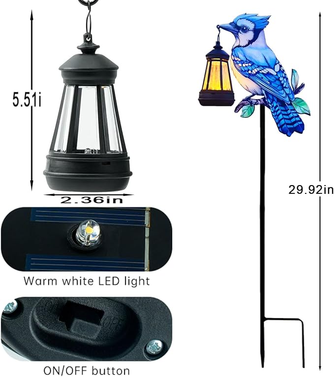 2 Pack Solar Lanterns Outdoor Decor Solar Bule Jay Lanterns Solar Cardinal Redbird Lights Metal Stake Yard Garden Decor Art Figurine Waterproof LED Lights Gifts for Mom Grandma Women(Blue Jay)
