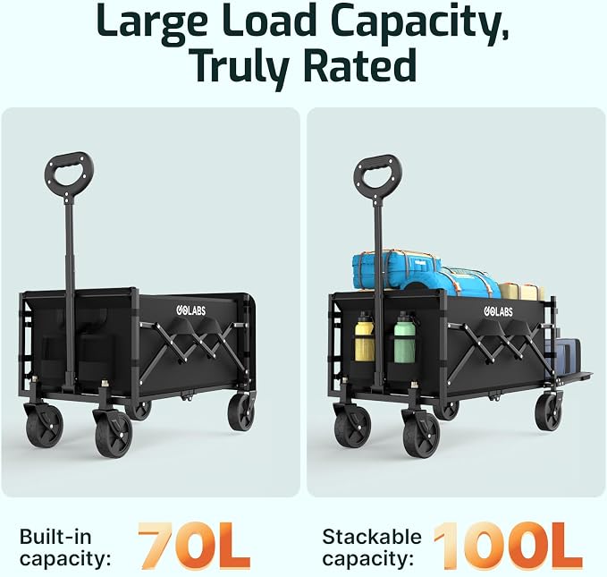 Golabs Collapsible Wagon Cart Max 350lb Load & Expandable Storage 100L, Double Bearing Design for Flexible Steering, Foldable Heavy Duty Garden Cart with 2 Cup Holders for Groceries, Garden & Camping