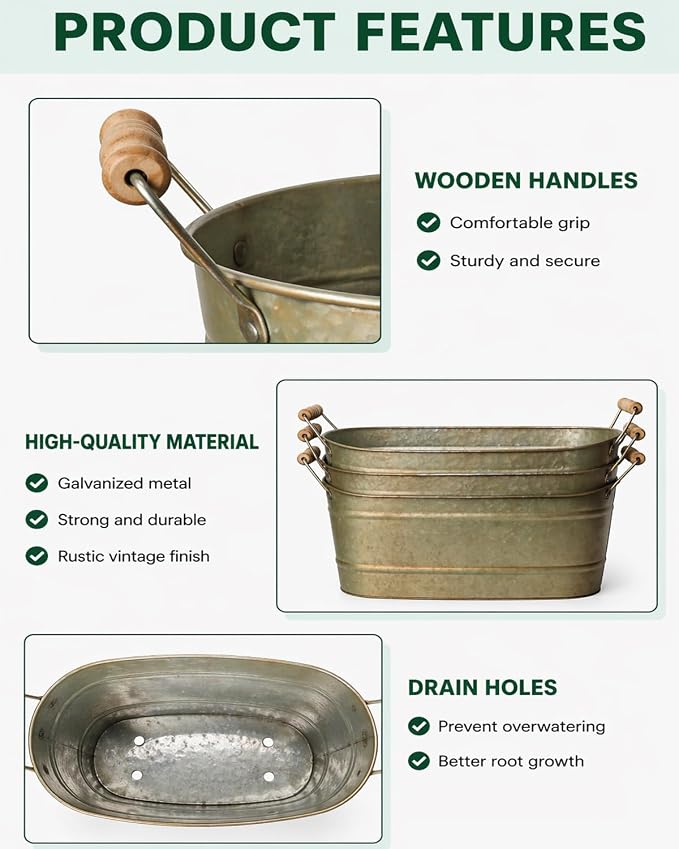 vensovo 15 Inch Galvanized Planters for Outdoor Plants - 3 Pcs Rustic Large Metal Flower Buckets with Drainage & Plug, Farmhouse Style Oval Planter Containers with Handles, Great for Home Decor