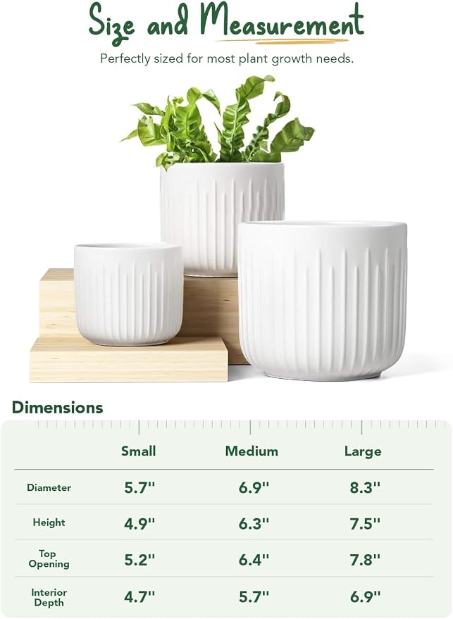 LE TAUCI Ceramic Planters, 8.3/7/6 Inch Indoor Pots for Plants with Drainage Holes & Mesh, Modern Matte Glaze Cylinder Fluted Plant Pot for Snake Plant, Set of 3, White
