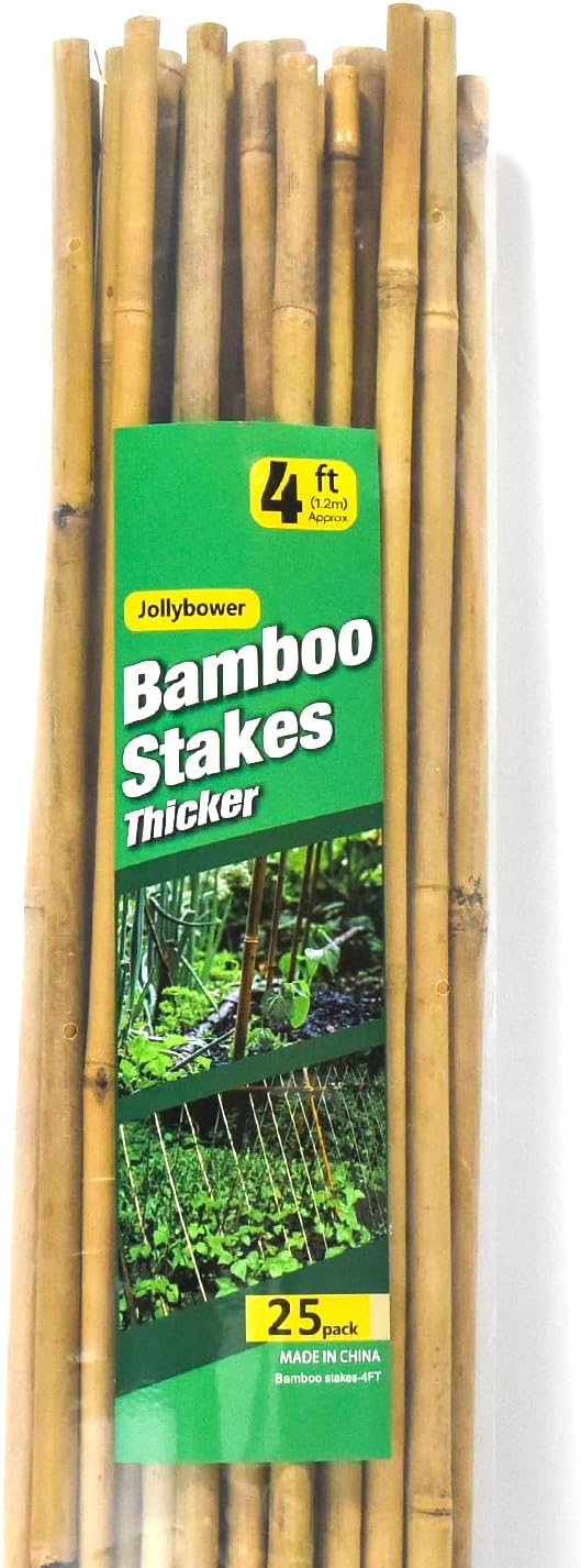 Jollybower 25pcs 1/2" D Thicker Heavy Duty Bamboo Stakes, 4FT Plant Stakes, Natural Garden Stakes for Tomato, Bean, Flowers,Trees Potted and Climbing Plant Support