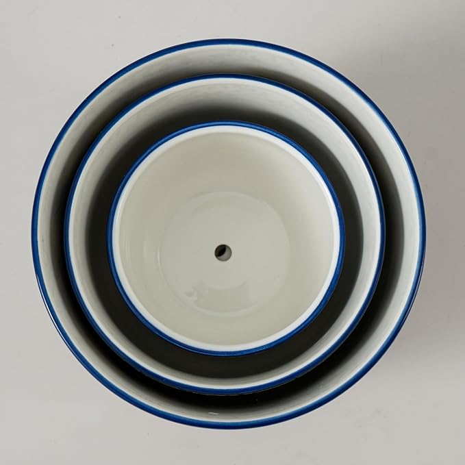 Ceramic Plant Pots - 3.5"+4.5"+5.6" Flower Pots with Drainage Holes and Saucers - Planters for Indoor Plants Orchid, Cactus, Herbs, Succulent, Home Office, Set of 3, Vintage Blue, Scroll