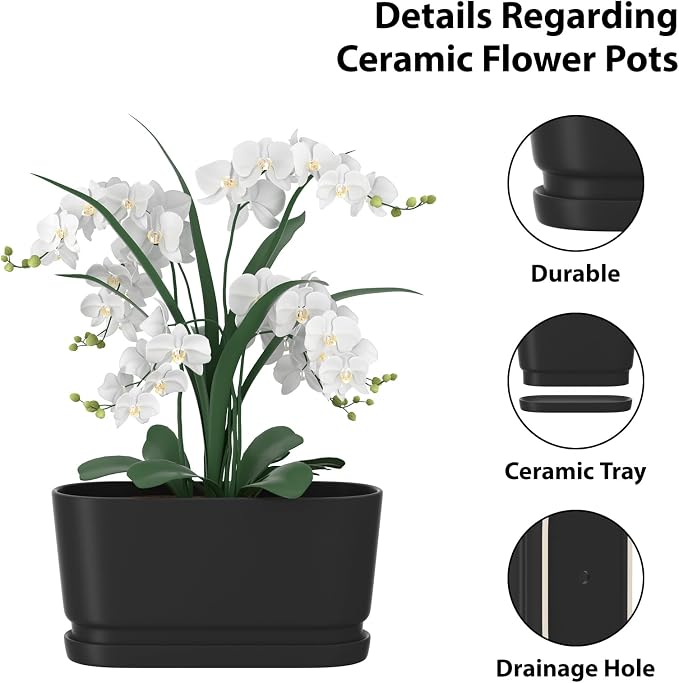 13" Rectangular Ceramic Planter with Drainage and Saucer, Black | Indoor Outdoor Use, 13"L x 5.5"W x 6.3"H, Modern Home Decor, Window Box Planter, Matte Black