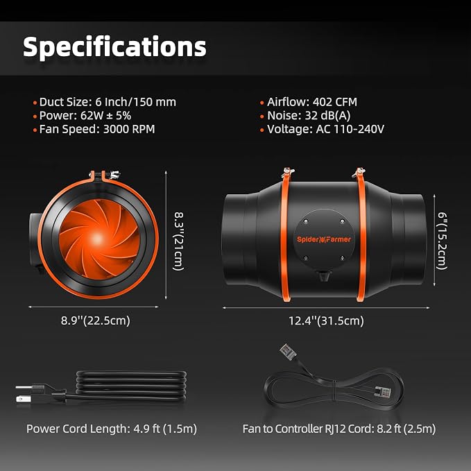 Spider Farmer 6 Inch Inline Duct Fan, 402 CFM Quiet EC Motor | With RJ12 speed controller, booster exhaust fan for grow tents, hydroponics, and indoor gardening ventilation