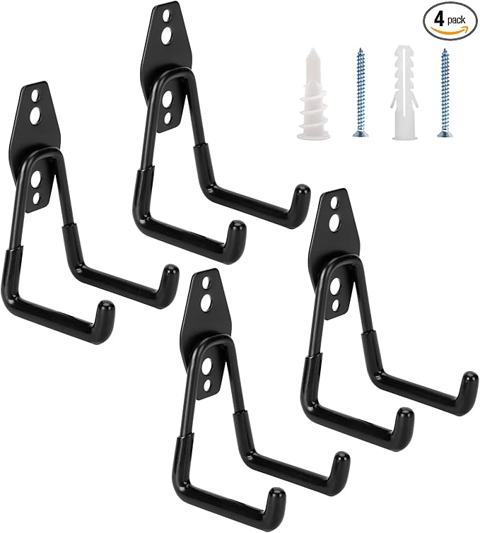4 Pack Garage Hooks Heavy Duty - Supports 100 lbs | Utility Steel Garage Hanger & Organizer for Organizing Garden Lawn Tools, Ladders, Garden Hose, Digging Shovel, Bikes, Ropes
