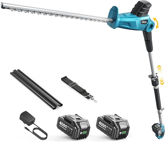 SEESII Cordless Pole Hedge Trimmer: Electric Bush Trimmer with 20" Dual-Action Blade, 2×4000mAh Battery, 8FT Telescopic Pole, Adjustable Rotating Head, Battery Powered Hedge Clipper for Shrub Trimming