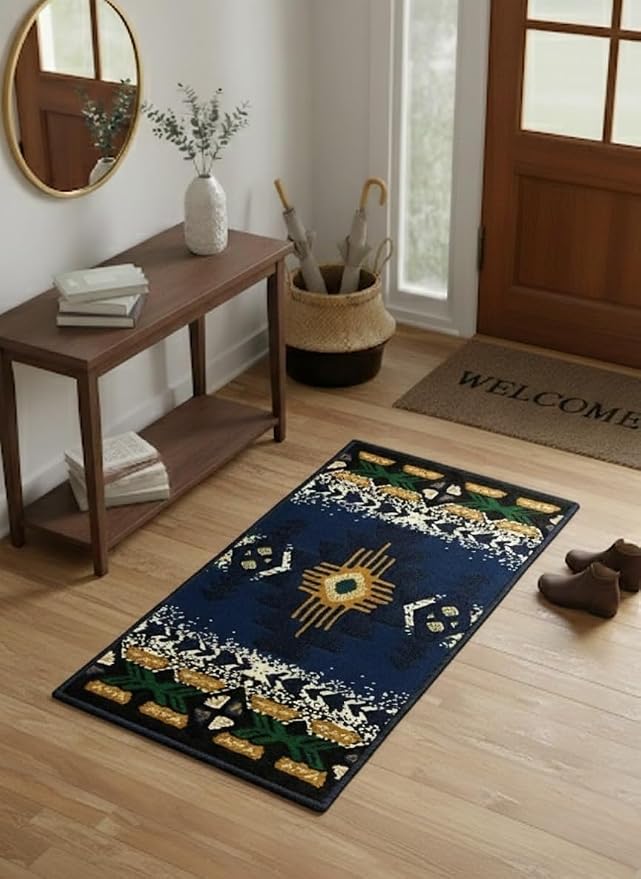 YHSF South West Native American Area Rug C318 - Easy Clean, Thick, Soft, Durable Native Tribal American Indian Inspired Rug for Bedroom/Living Room and More - Navy Blue, 16 Inches x 28 Inches