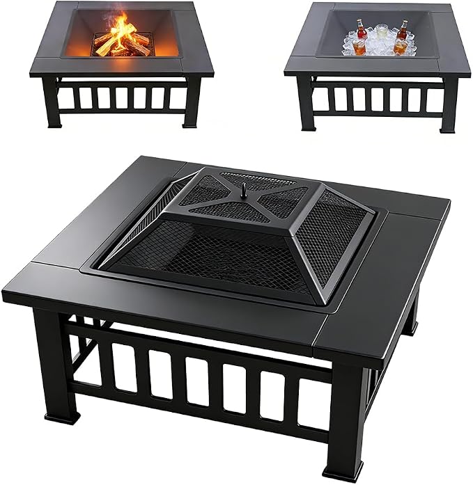 3-in-1 Multifunctional Square Fire Pit Table, 32-Inch Outdoor Metal Fire Pit with Ice Bucket, Black Powder Coated Iron, Charcoal Fueled