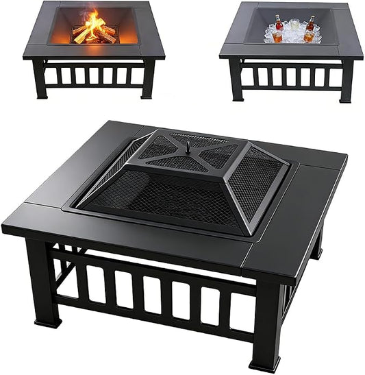 3-in-1 Multifunctional Square Fire Pit Table, 32-Inch Outdoor Metal Fire Pit with Ice Bucket, Black Powder Coated Iron, Charcoal Fueled