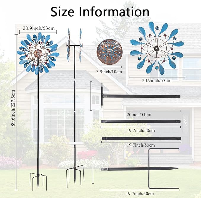 Stargarden Wind Spinners Outdoor, Large Kinetic Wind Spinner | Waterproof Blue Pinwheels with 4 Sturdy Stake, Metal Windmill for Yard, Porch Decor (21*90 Inches)