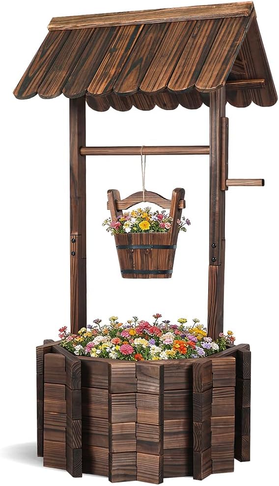 Wishing Wells for Outside,Wooden Wishing Well Planter,Rustic Flower Planter for Garden Patio Lawn Backyard Home Decor-21.7X21.7X47.25IN