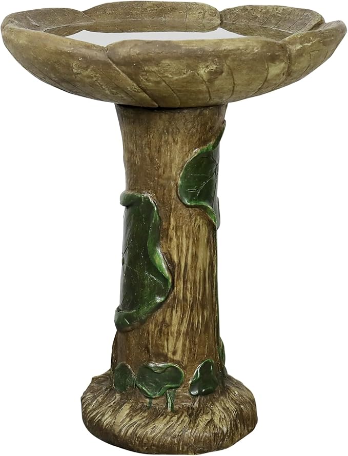 SunJet 24” High x 19” Diameter Outdoor Bird Bath with Tree Stump Leaf Design - Fibre Reinforced Concrete Birdbaths for Garden, Patio, Yard, Lawn Décor
