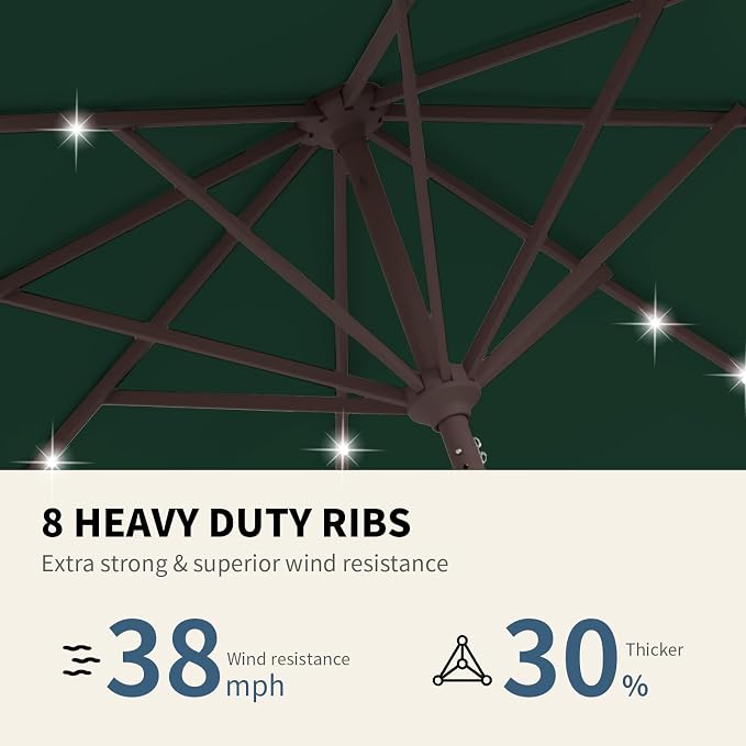 9FT Patio Umbrella with Solar Lights,Outdoor Market Umbrella with Tilt and Crank, LED Lighted Table Umbrella for Garden,Deck,Backyard,Pool,Beach (Dark Green)