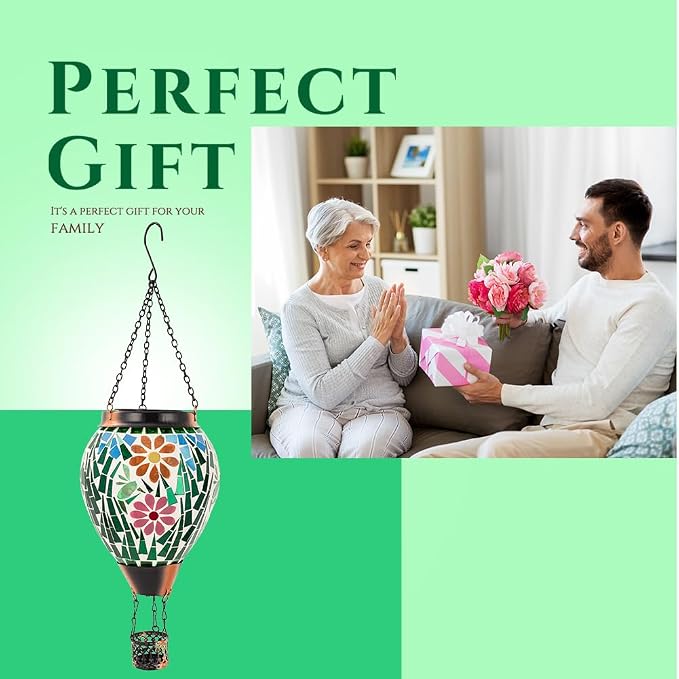 Hot Air Balloon Solar Lantern for Garden, Yard, Patio Decor | Handmade Glass, Hanging Outdoor Lanterns Waterproof, Decorative Solar Light