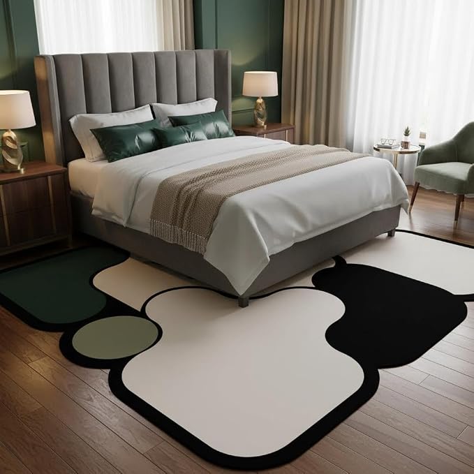 Contemporary Abstract Black Beige Green Unique Shaped Rugs for Living Dining Room Bedroom Laundry Room Hallway Dorm Carpets Non Shedding Ultra Thin Washable Reversible Durable Faux Wool Rug 7x12